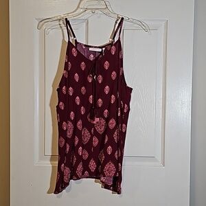 LUQ Flowy Bohemian Tank Top Maroon Pink Tassel Tie Front Size M NEW